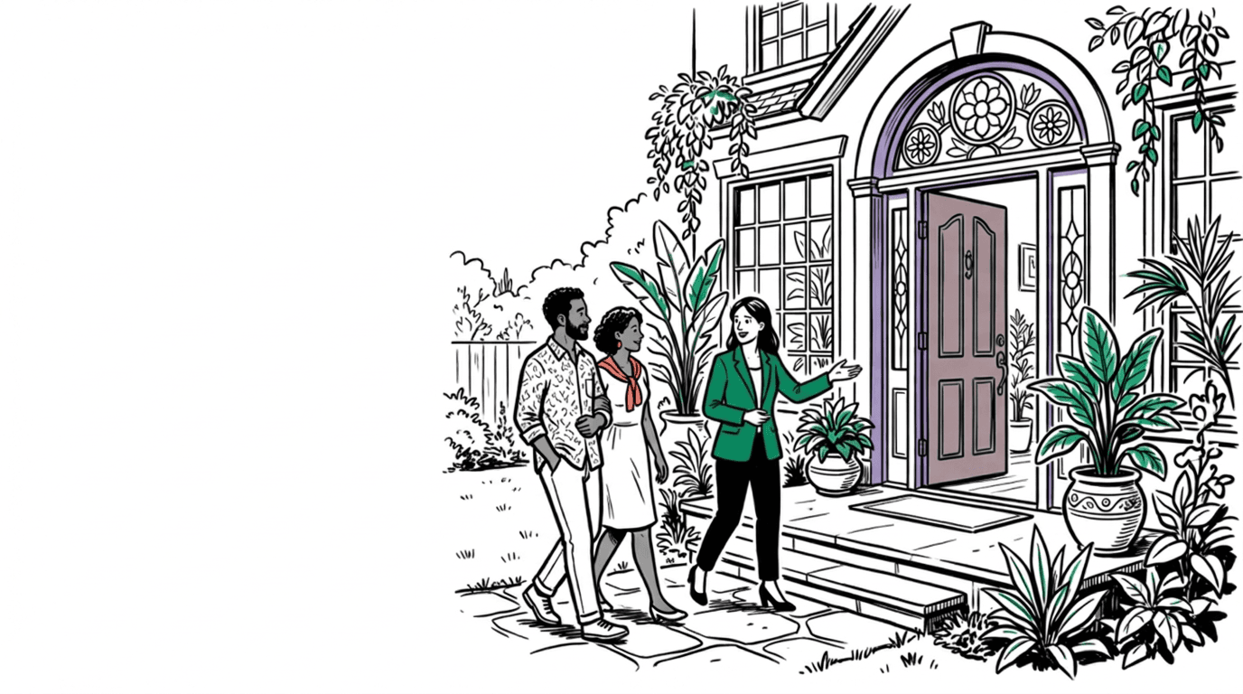 Illustration of a real estate agent welcoming home buyers to a house