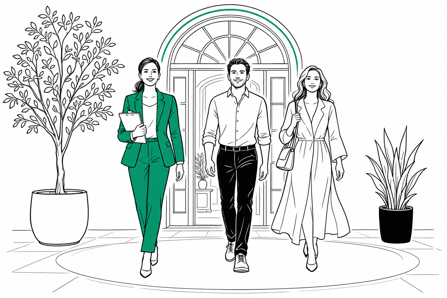 Illustration of an IvyGro listing agent welcoming home sellers at a front door